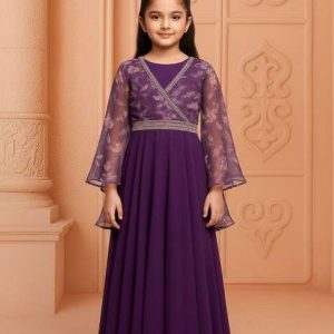 girls purple floral print georgette anarkali set
