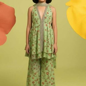 girls yellow floral print georgette kurta set