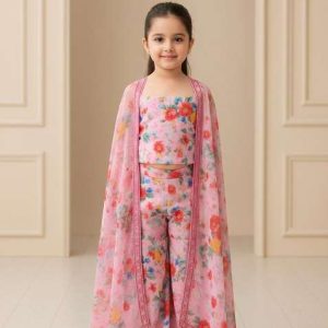 girls pink floral print georgette sharara set