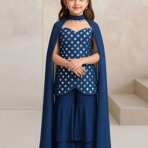 girls blue embellished silk sharara set