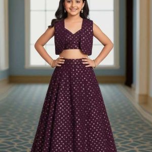 girls brown embroidered georgette lehenga set