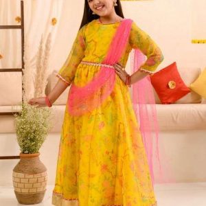 yellow printed organza dress with belt and dupatta (set of 3)