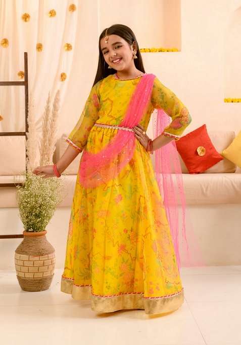 yellow printed organza dress with belt and dupatta (set of 3) yellow printed organza dress with belt and dupatta (set of 3)