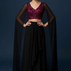 girls black and pink embroidered georgette co ord set