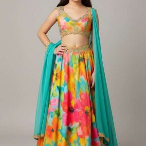 girls multicolor floral print crepe silk lehenga set