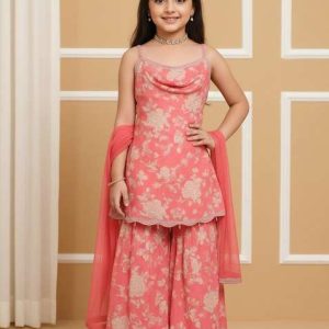 girls orange floral print satin fusion set
