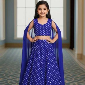 girls blue and purple embroidered georgette lehenga set