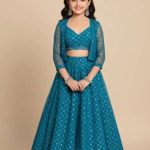 girls teal embroidered georgette lehenga set