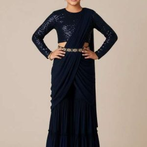 girls deep blue embellished georgette fusion set