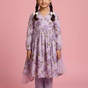 girls pink floral print georgette anarkali set