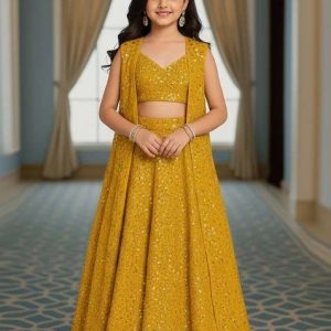 girls mustard embroidered georgette lehenga set