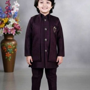 wine jacquard jacquard sherwani set for boys