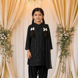 girls black embroidered organza kurta set