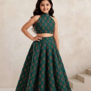 girls blue figure print silk lehenga set