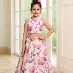 girls pink floral print lehenga set