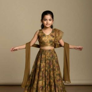 girls green floral print tissue lehenga set