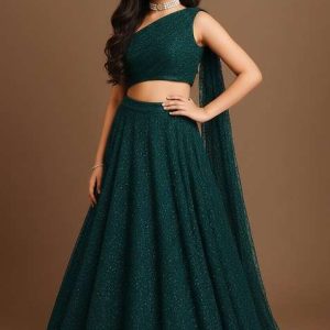 girls dark turquoise embroidered net lehenga set