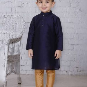navy blue button work silk kurta with bottom for boys