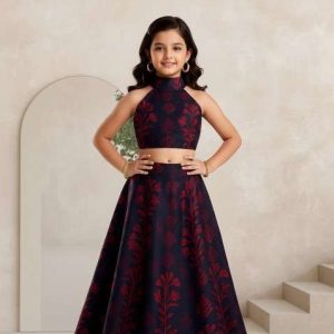 girls maroon floral print silk lehenga set