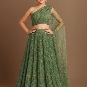 girls green embellished net lehenga set