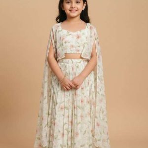 girls beige floral print satin georgette lehenga set