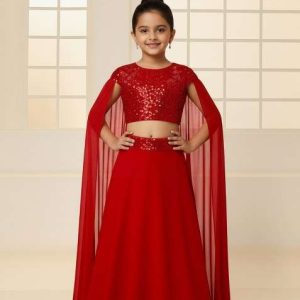 girls red sequin georgette fusion set