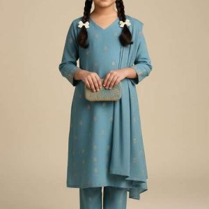 girls sky blue embroidered tissue kurta set