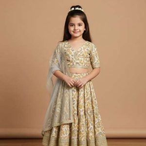 girls yellow floral print crepe lehenga set