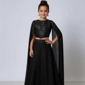 girls black foil print organza fusion set