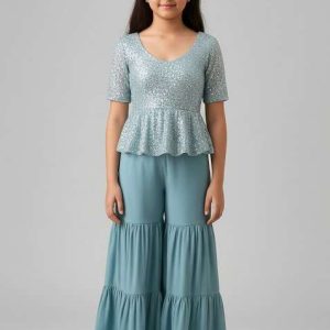 girls sage green embellished georgette sharara set