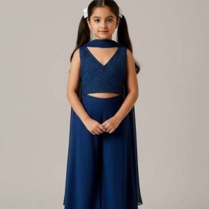 girls blue embellished georgette sharara set