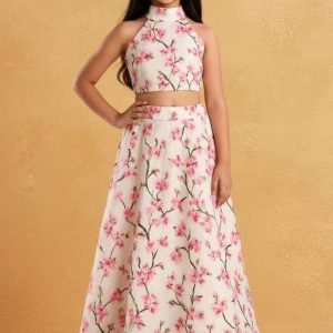 girls peach floral print silk lehenga set