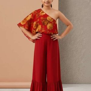 girls red floral print satin fusion set