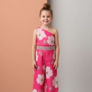 girls pink floral print crepe fusion set