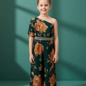 girls bottle green floral print crepe fusion set