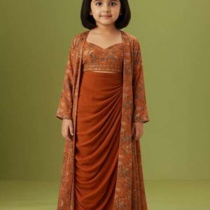 girls orange floral print crepe fusion set