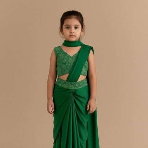 girls green jacquard silk fusion set