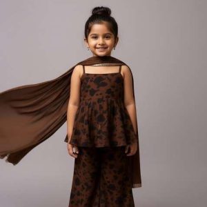 girls brown floral print satin fusion set