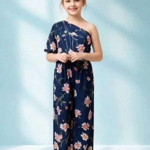 girls blue floral print crepe fusion set
