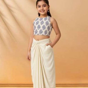 girls white figure print satin fusion set