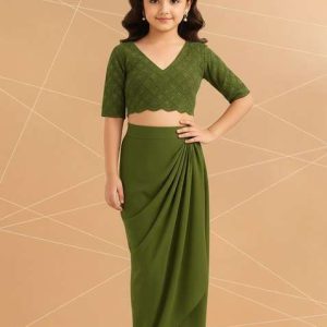 girls olive green embellished georgette fusion set