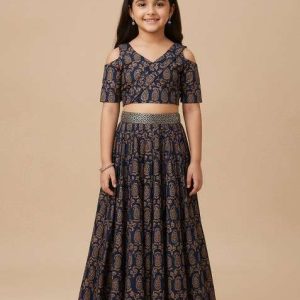 girls blue figure print silk fusion set