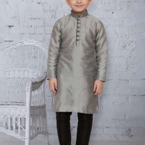 grey button work silk kurta with bottom for boys