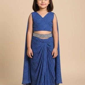 girls blue bandhani print crepe fusion set