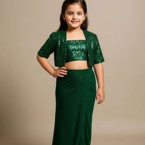 girls bottle green sequin georgette fusion set