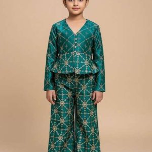 girls green embroidered silk fusion set