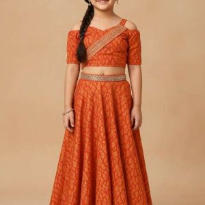 girls orange floral print fusion set