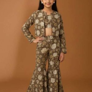 girls light brown floral print satin fusion set