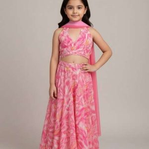 girls light pink abstract print satin lehenga set