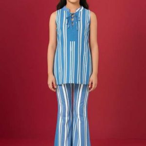 girls light blue striped denim co ord set